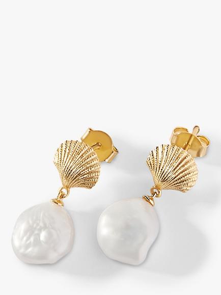 Edge of Ember Ocean Shell Freshwater Pearl Drop Earrings, Yellow Gold
