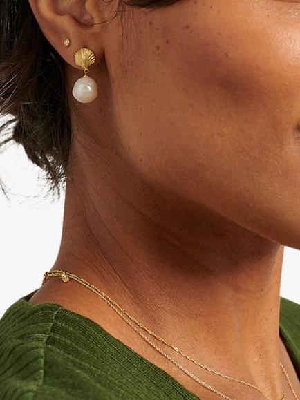 Edge of Ember Ocean Shell Freshwater Pearl Drop Earrings - view 2, Yellow Gold