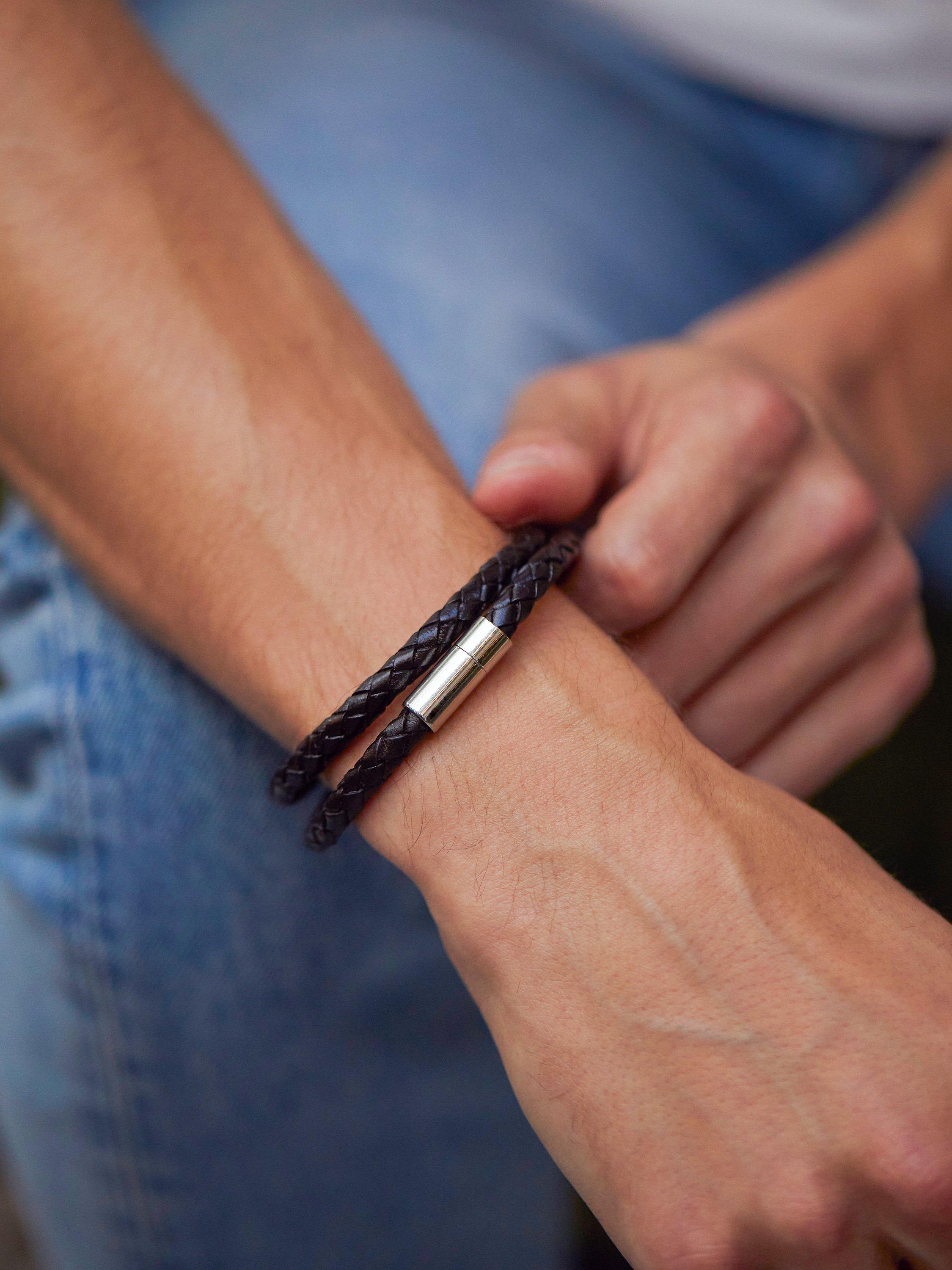 Product image 2 of 3, which shows BARTLETT LONDON Men's Woven Leather Double Wrap Bracelet, Black