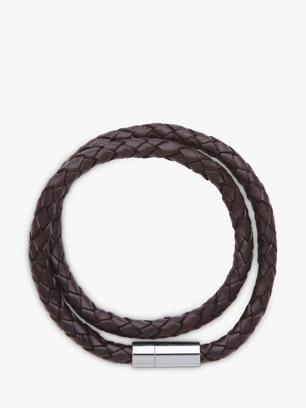 BARTLETT LONDON Men's Woven Leather Double Wrap Bracelet, Brown, Brown