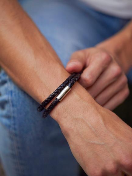 BARTLETT LONDON Men's Woven Leather Double Wrap Bracelet, Brown - view 2, Brown