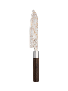 Katana Saya Flame Rainbow Damascus Steel & Rosewood Handle Santoku Knife, 18cm