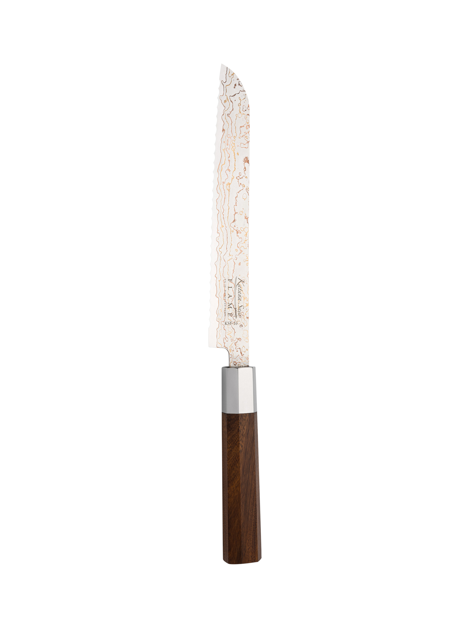 Katana Saya Flame Rainbow Damascus Steel & Rosewood Handle Bread Knife, 20cm