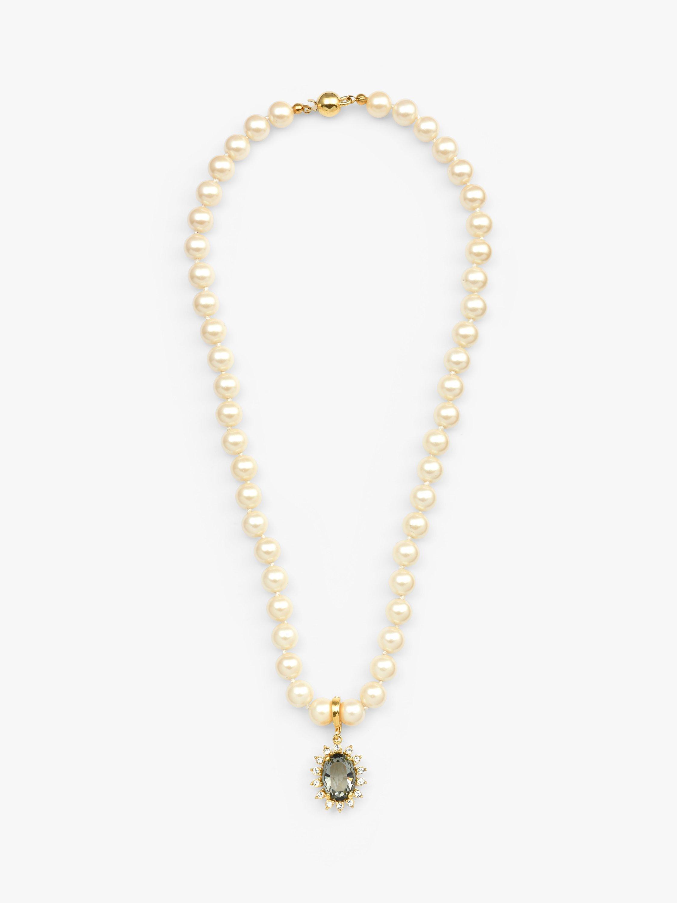 Product image 2 of 3, which shows Eclectica Pre-Loved 22ct Gold Plated Faux Pearl and Swarovski Crystal Pendant Necklace, Grey/Gold