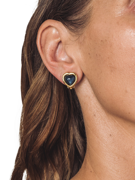 Eclectica Pre-Loved 22ct Gold Plated Heart Clip-On Earrings, Dated Circa 1980s - view 2, Blue