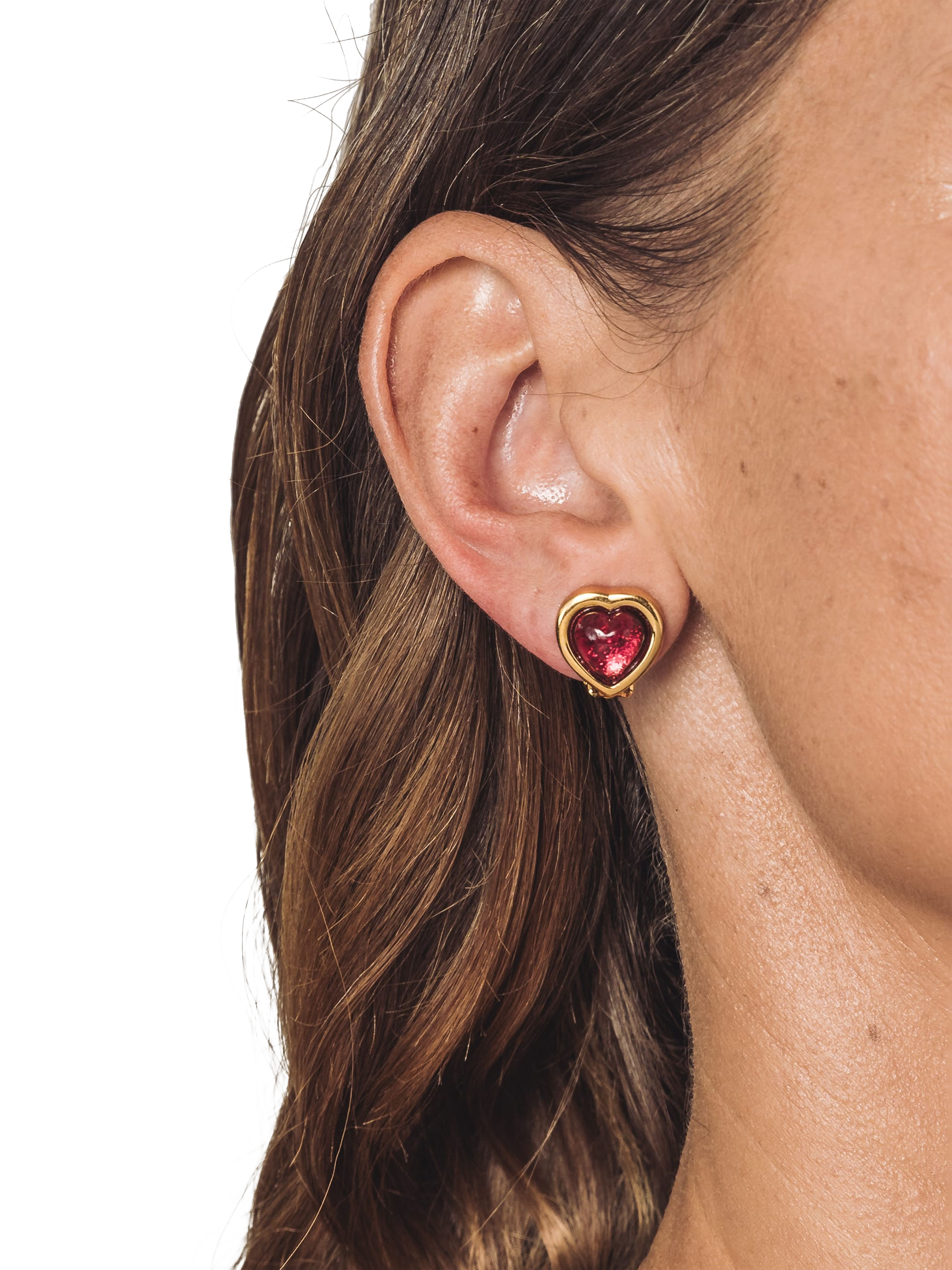 Product image 2 of 3, which shows Eclectica Pre-Loved 22ct Gold Plated Heart Clip-On Earrings, Dated Circa 1980s, Red