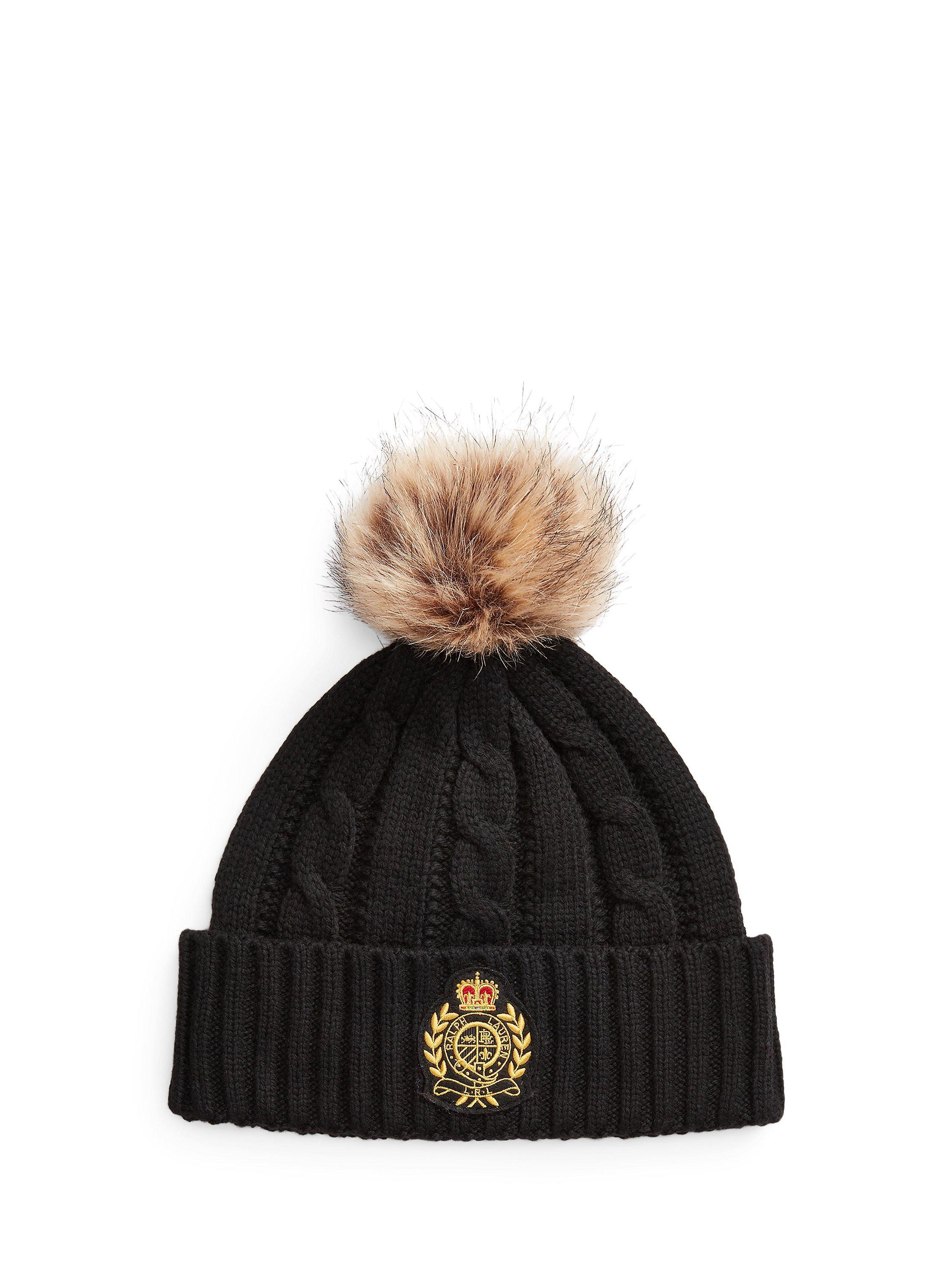 Lauren Ralph Lauren Cable Knit Pom Pom Beanie Hat, Black