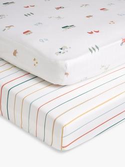 John Lewis Little Farm Cotton Fitted Baby Sheet, Pack of 2, Cotbed (70 x 140cm), Multi