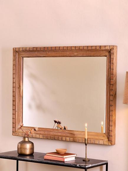 nkuku Nalda Rectangular Carved Reclaimed Wood Wall Mirror, 90 x 120cm, Natural - view 2, Natural