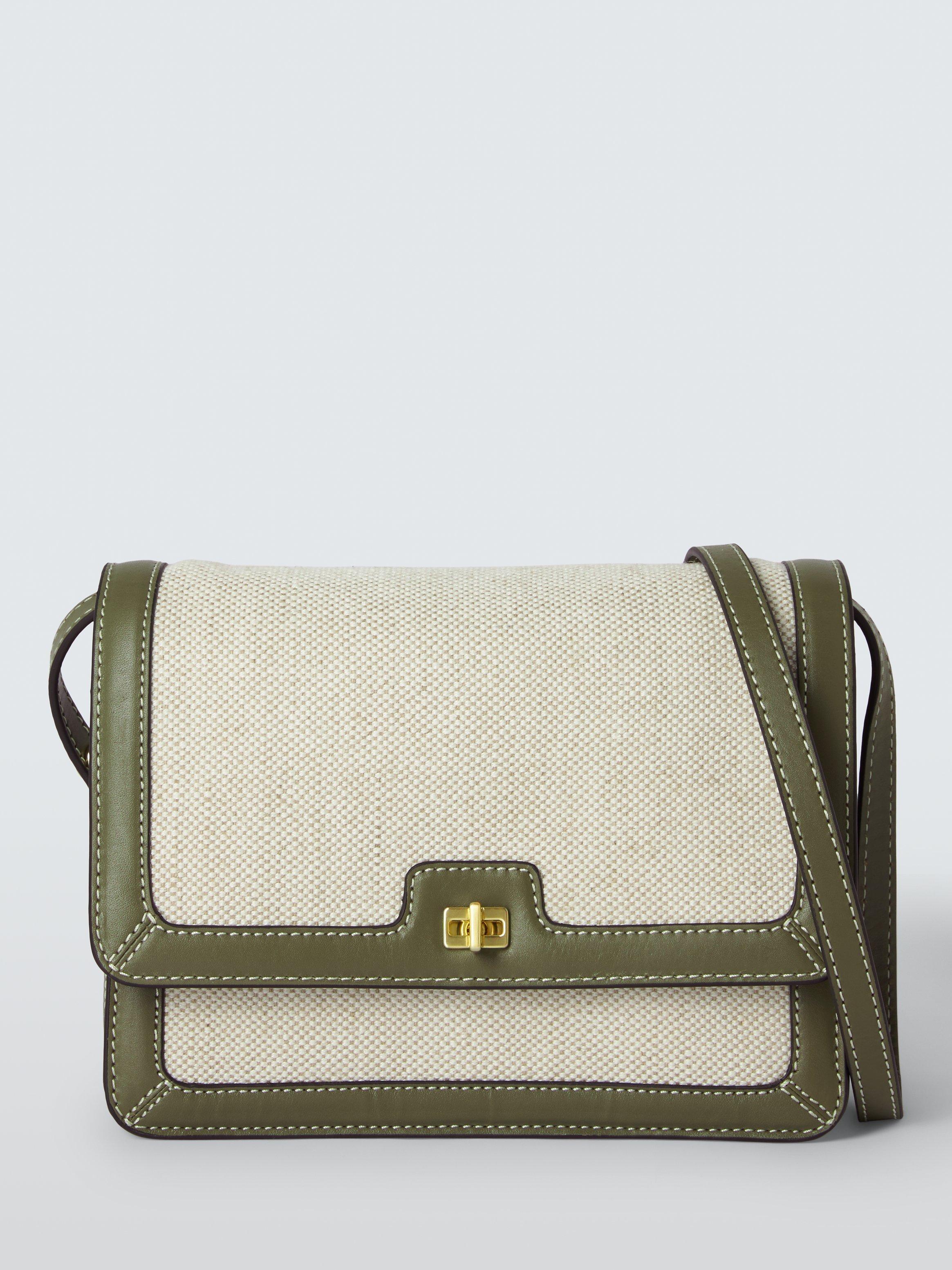 John Lewis Leather Trim Flap Over Bag, Burnt Olive/Canvas