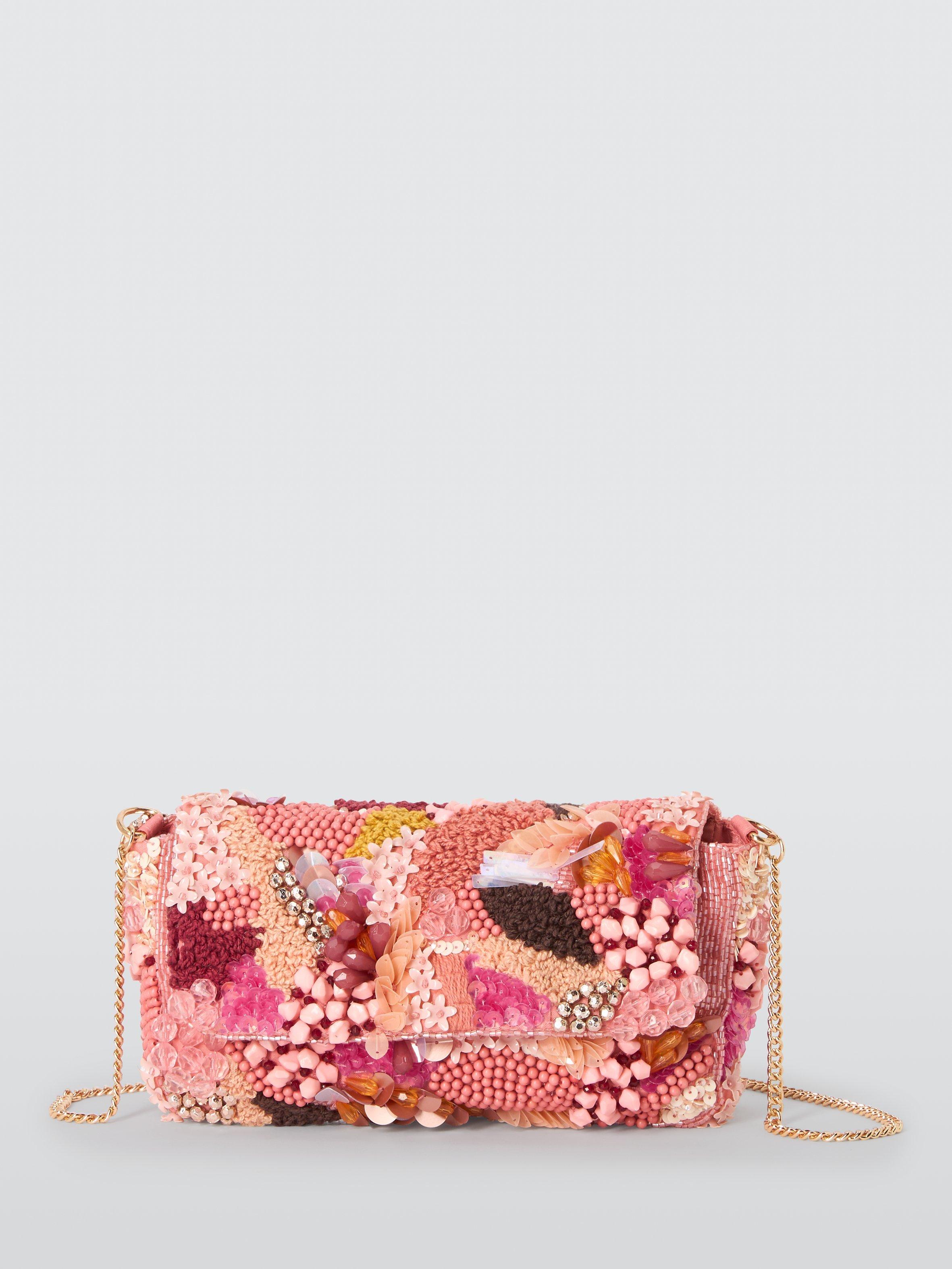 Product image 1 of 6, which shows John Lewis Floral Beaded Flapover Bag, Pink/Multi