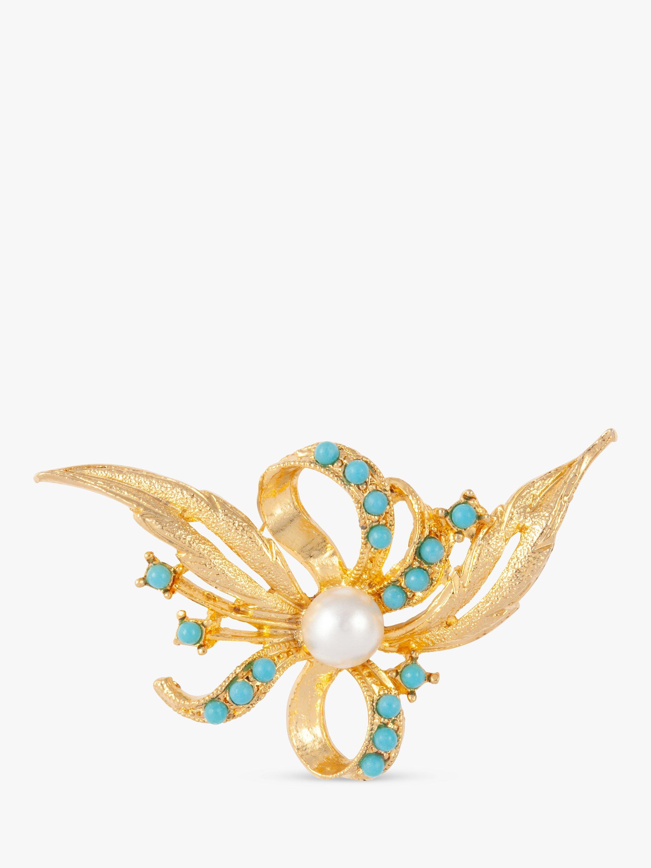 Product image 1 of 2, which shows Susan Caplan Pre-Loved Gold Plated Faux Pearl & Turquoise Brooch, Dated Circa 1970s