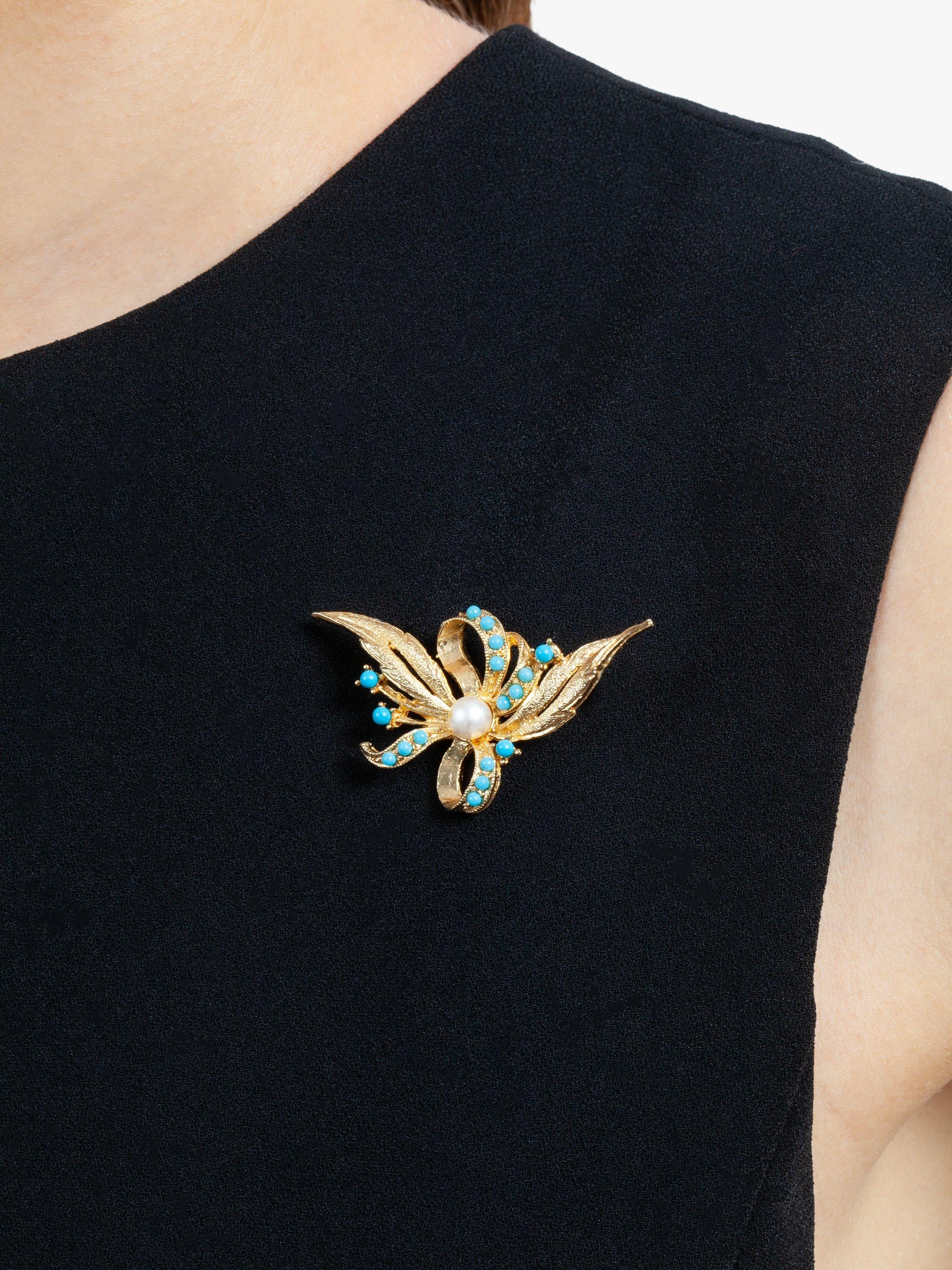 Product image 2 of 2, which shows Susan Caplan Pre-Loved Gold Plated Faux Pearl & Turquoise Brooch, Dated Circa 1970s