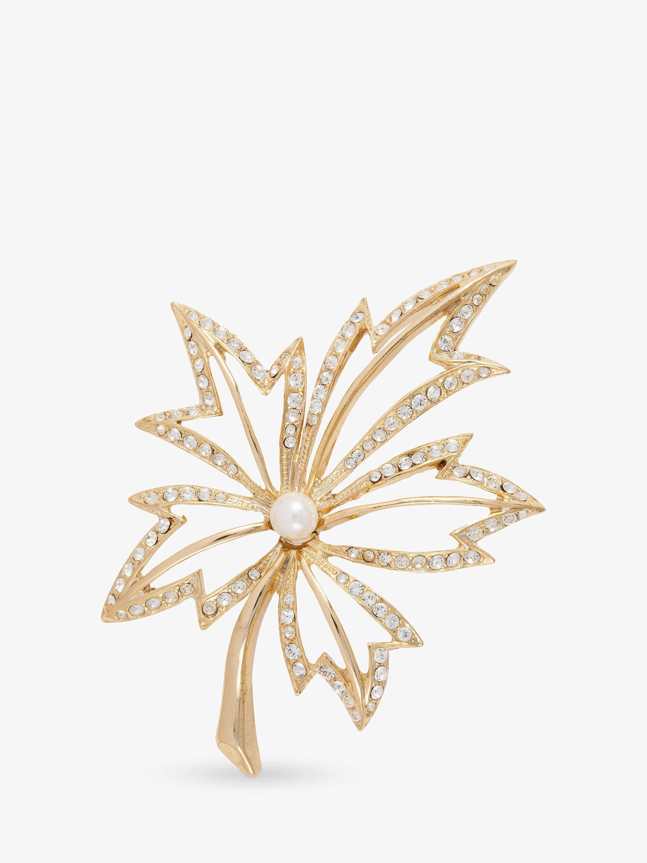Product image 1 of 2, which shows Susan Caplan Pre-Loved Napier 23ct Gold Plated Faux Pearl and Swarovski Crystal Leaf Brooch, Dated Circa 1980s