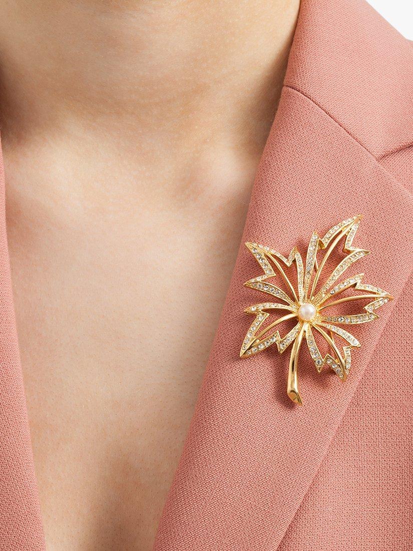 Product image 2 of 2, which shows Susan Caplan Pre-Loved Napier 23ct Gold Plated Faux Pearl and Swarovski Crystal Leaf Brooch, Dated Circa 1980s