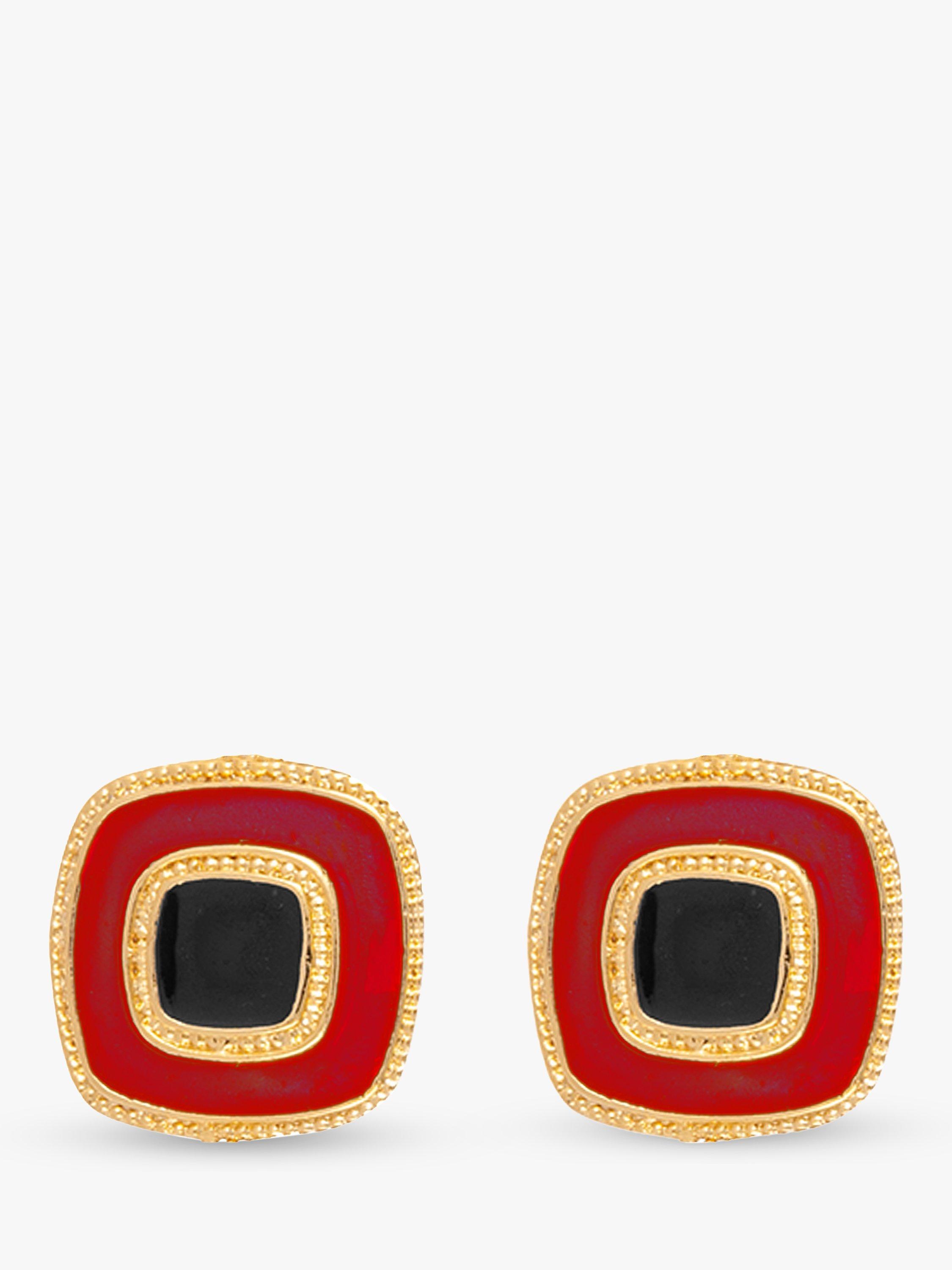 Product image 1 of 3, which shows Susan Caplan Pre-Loved Rediscovered Collection Gold Plated Enamel Square Clip-On Earrings, Black/Red