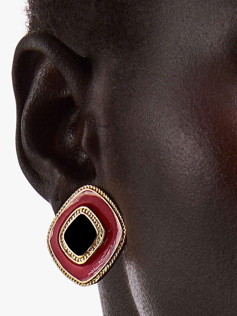 Product image 2 of 3, which shows Susan Caplan Pre-Loved Rediscovered Collection Gold Plated Enamel Square Clip-On Earrings, Black/Red