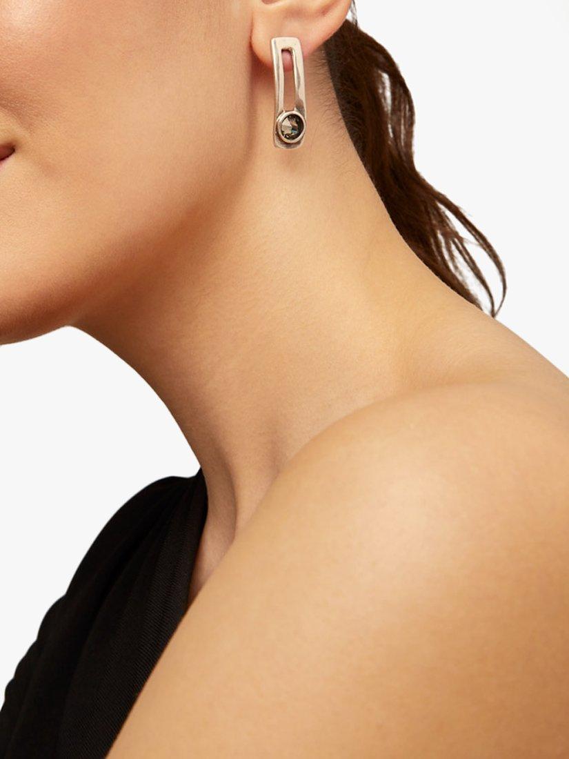Product image 4 of 5, which shows UNOde50 On My Own Rectangular Drop Grey Crystal Earrings, Silver