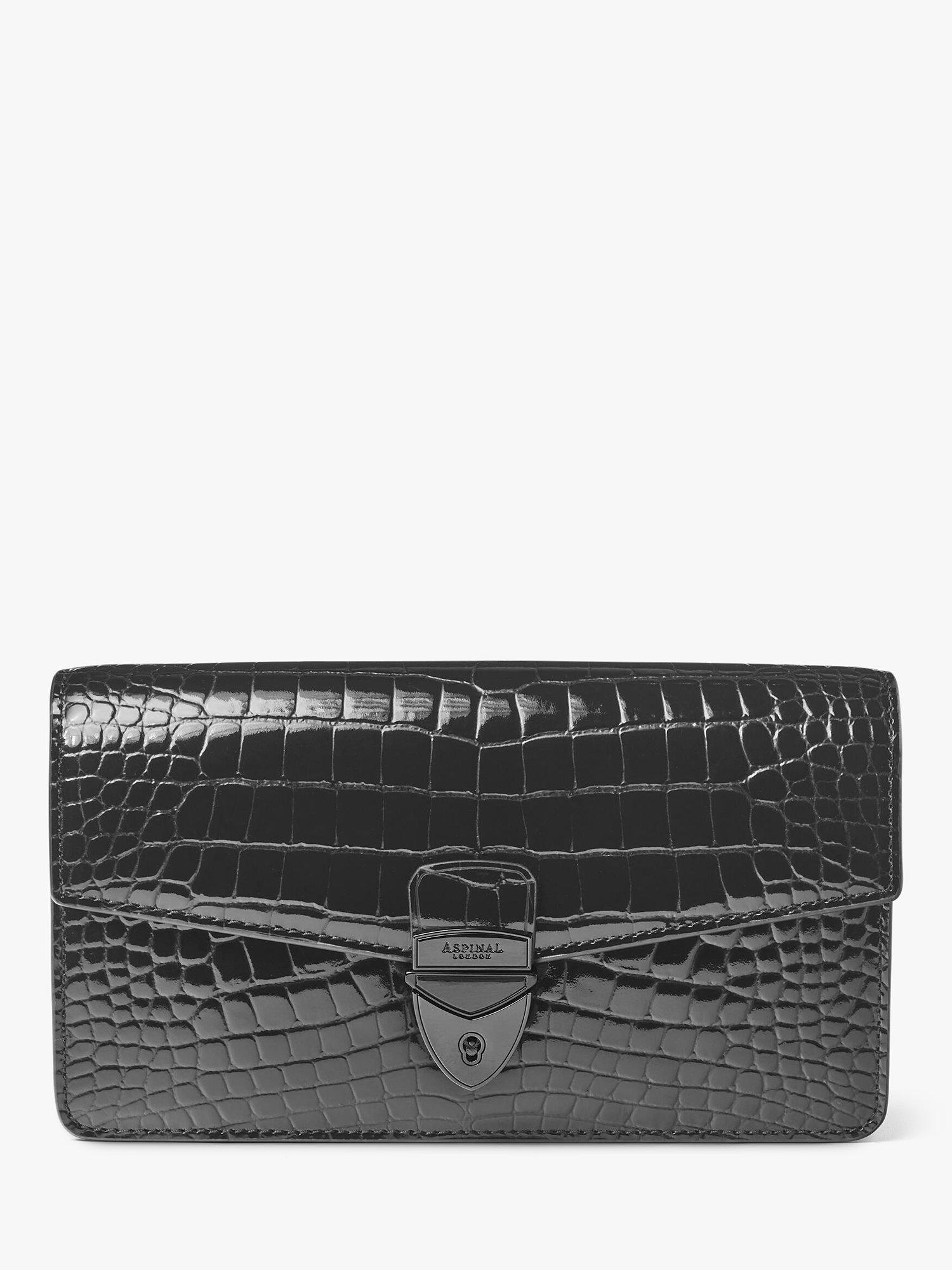 Product image 1 of 8, which shows Aspinal of London Mayfair Croc Effect Leather Clutch Bag, Black