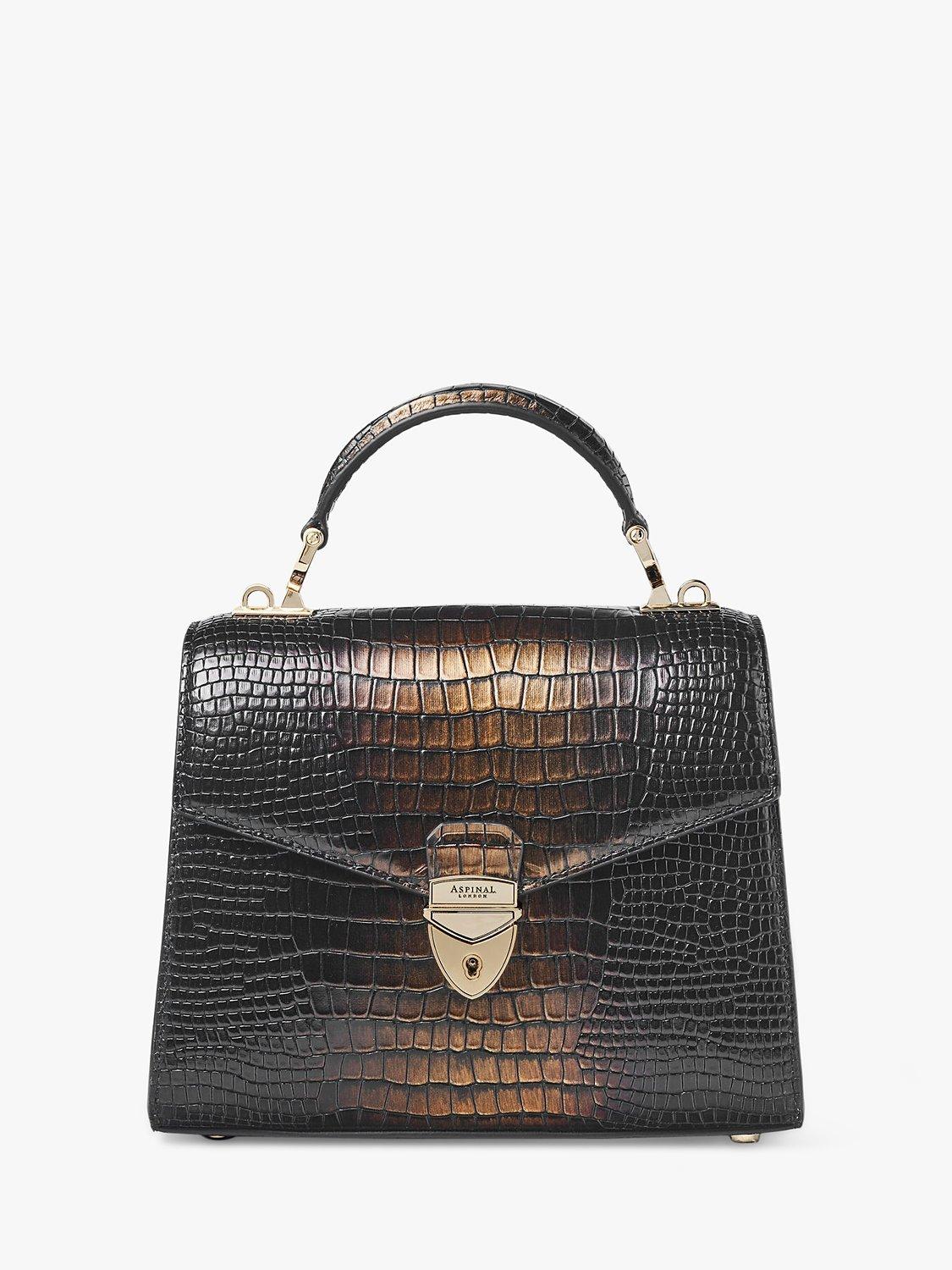 Product image 2 of 6, which shows Aspinal of London Midi Mayfair 2 Croc Leather  Cross Body Bag, Black/Gold