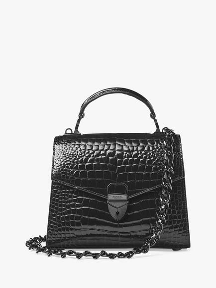 Aspinal of London Midi Mayfair 2 Croc Leather Crossbody Bag, Black, Black
