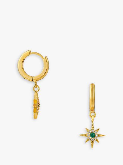 Orelia Emerald Pave Starburst Huggie Hoop Earrings, Gold/Green, Gold/Green