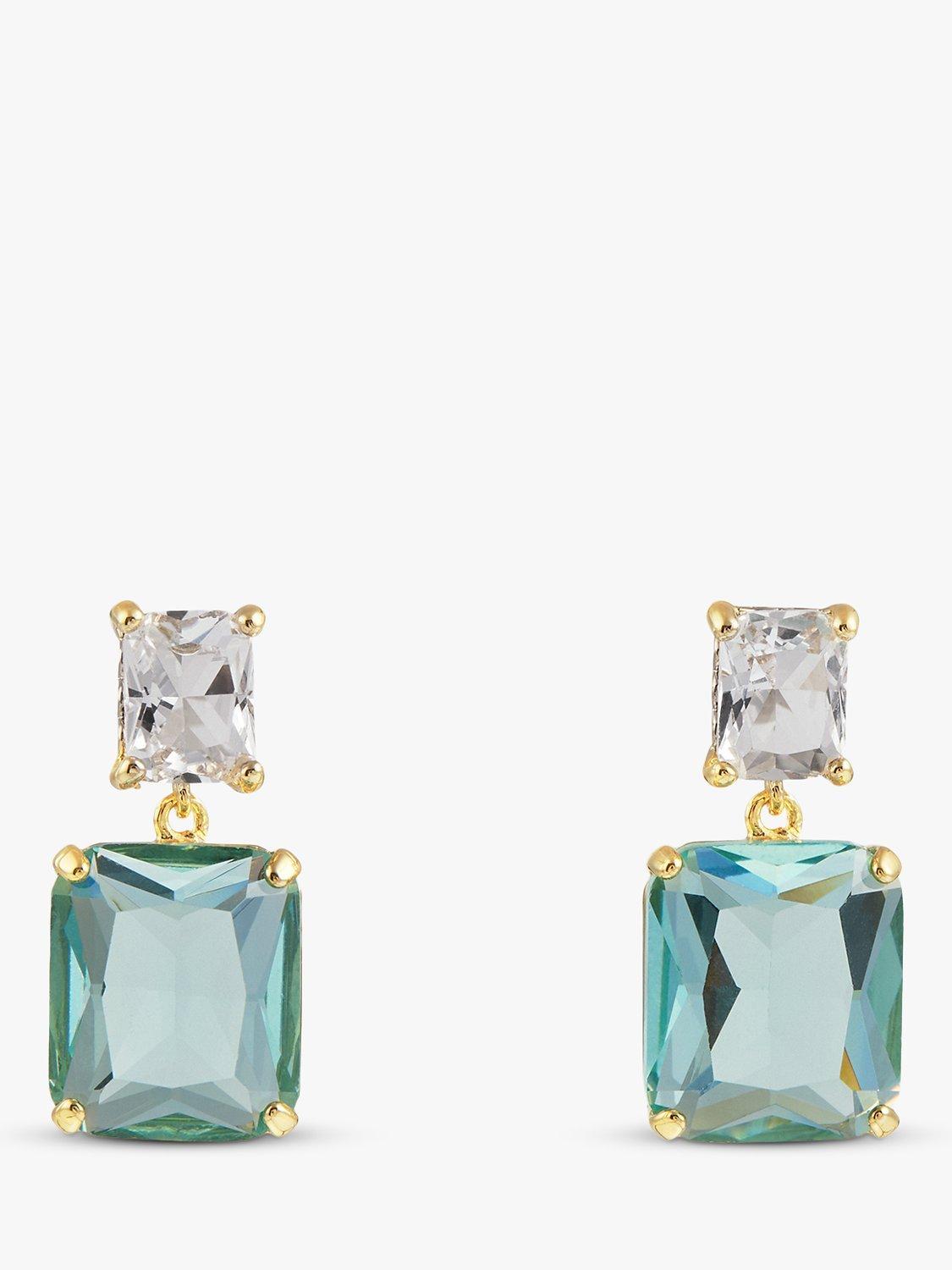 Product image 1 of 4, which shows Orelia Statement Crystal Double Drop Earrings, Gold/Blue/White