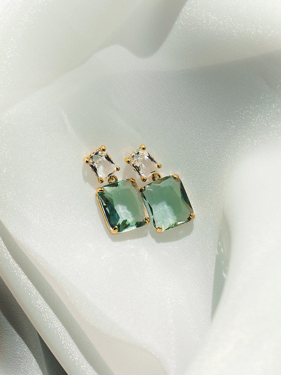 Product image 2 of 4, which shows Orelia Statement Crystal Double Drop Earrings, Gold/Blue/White
