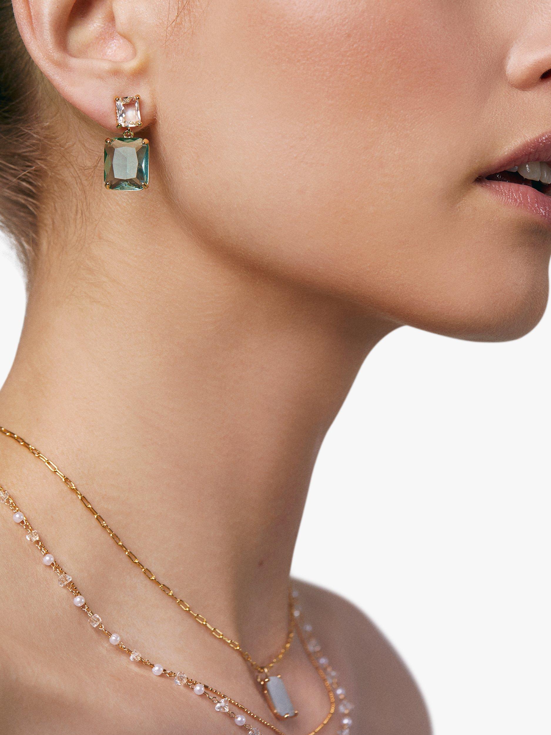 Product image 4 of 4, which shows Orelia Statement Crystal Double Drop Earrings, Gold/Blue/White