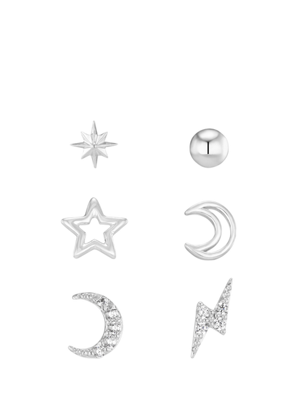 Orelia Celestial Ear Party Stud Earrings, Pack of 6 Singles, Silver, Silver