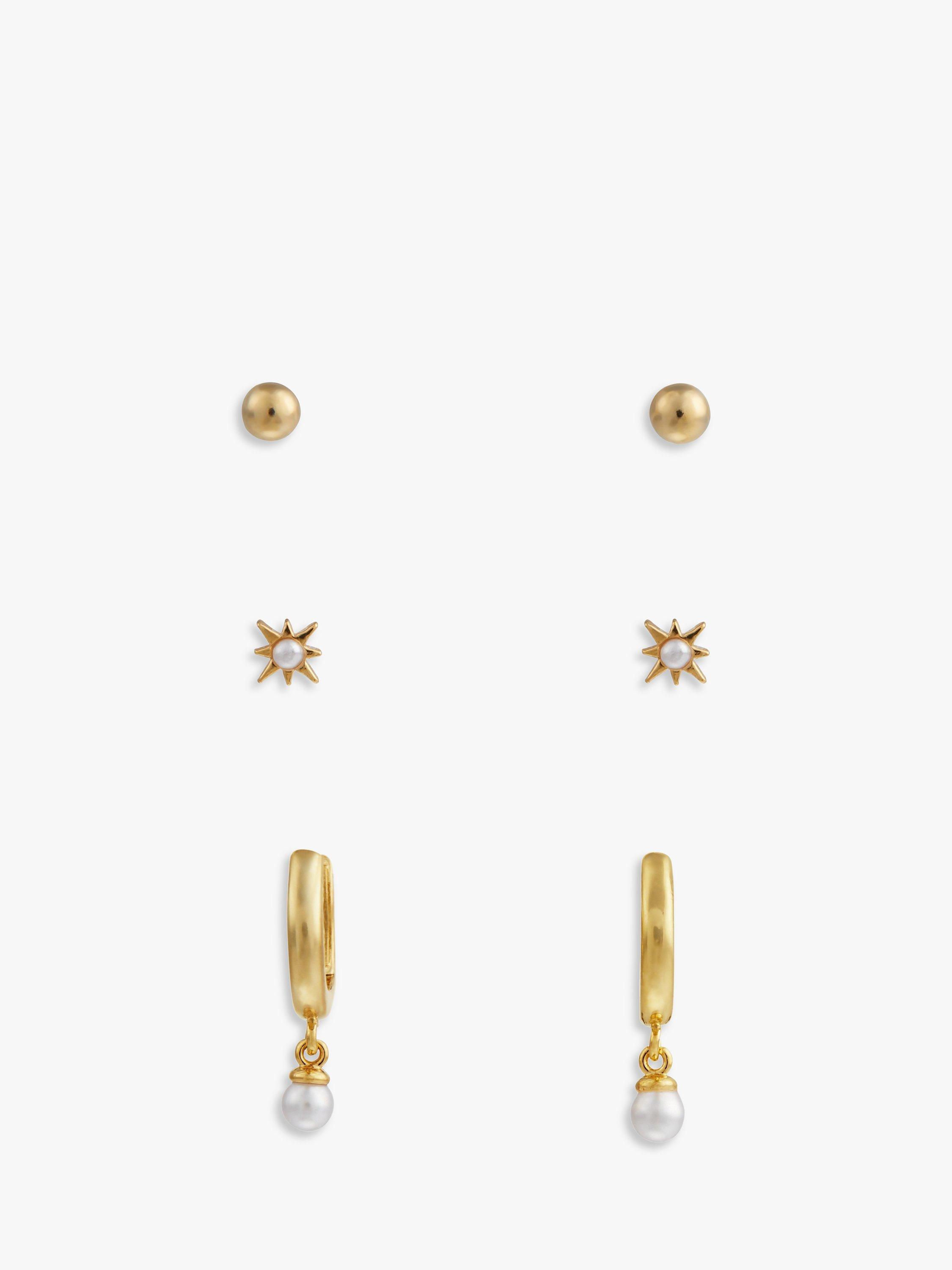 Product image 1 of 2, which shows Orelia Pearl Hoop & Star Stud Earrings, Pack of 3, Gold