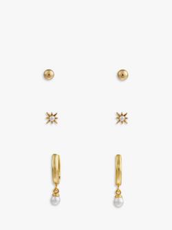 Orelia Pearl Hoop & Star Stud Earrings, Pack of 3, Gold, Gold