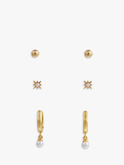 Orelia Pearl Hoop & Star Stud Earrings, Pack of 3, Gold, Gold