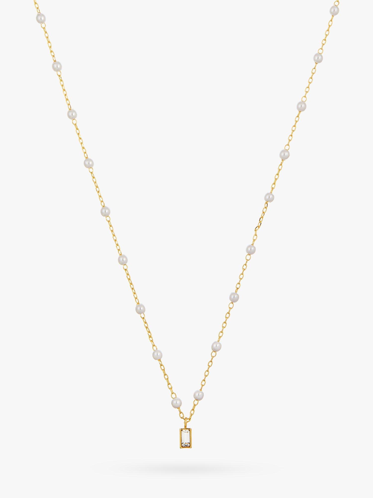 Orelia Mini Swarovski Baguette Crystal and Pearl Chain Necklace, Gold/White