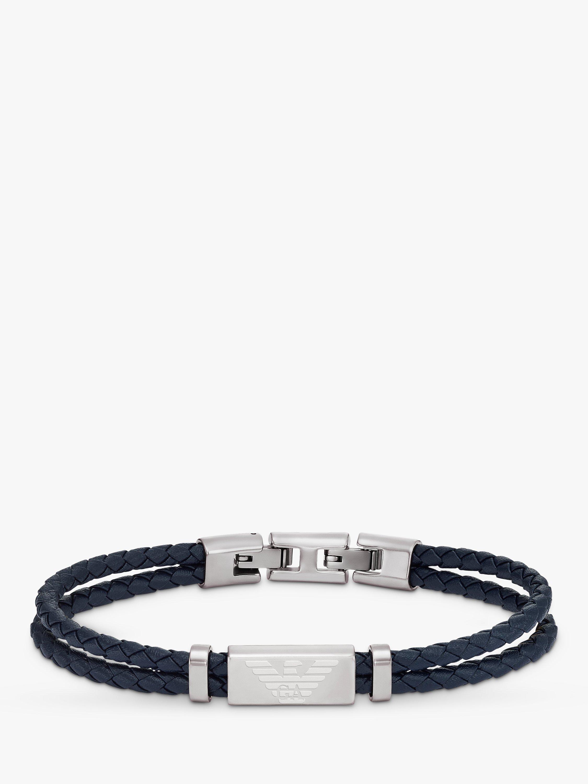 Product image 1 of 3, which shows Emporio Armani Men's ID Leather Braided Cord Bracelet, Silver/Blue