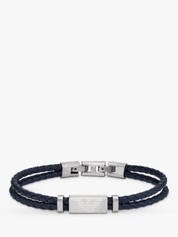 Emporio Armani Men's ID Leather Braided Cord Bracelet, Silver/Blue, Silver/Blue