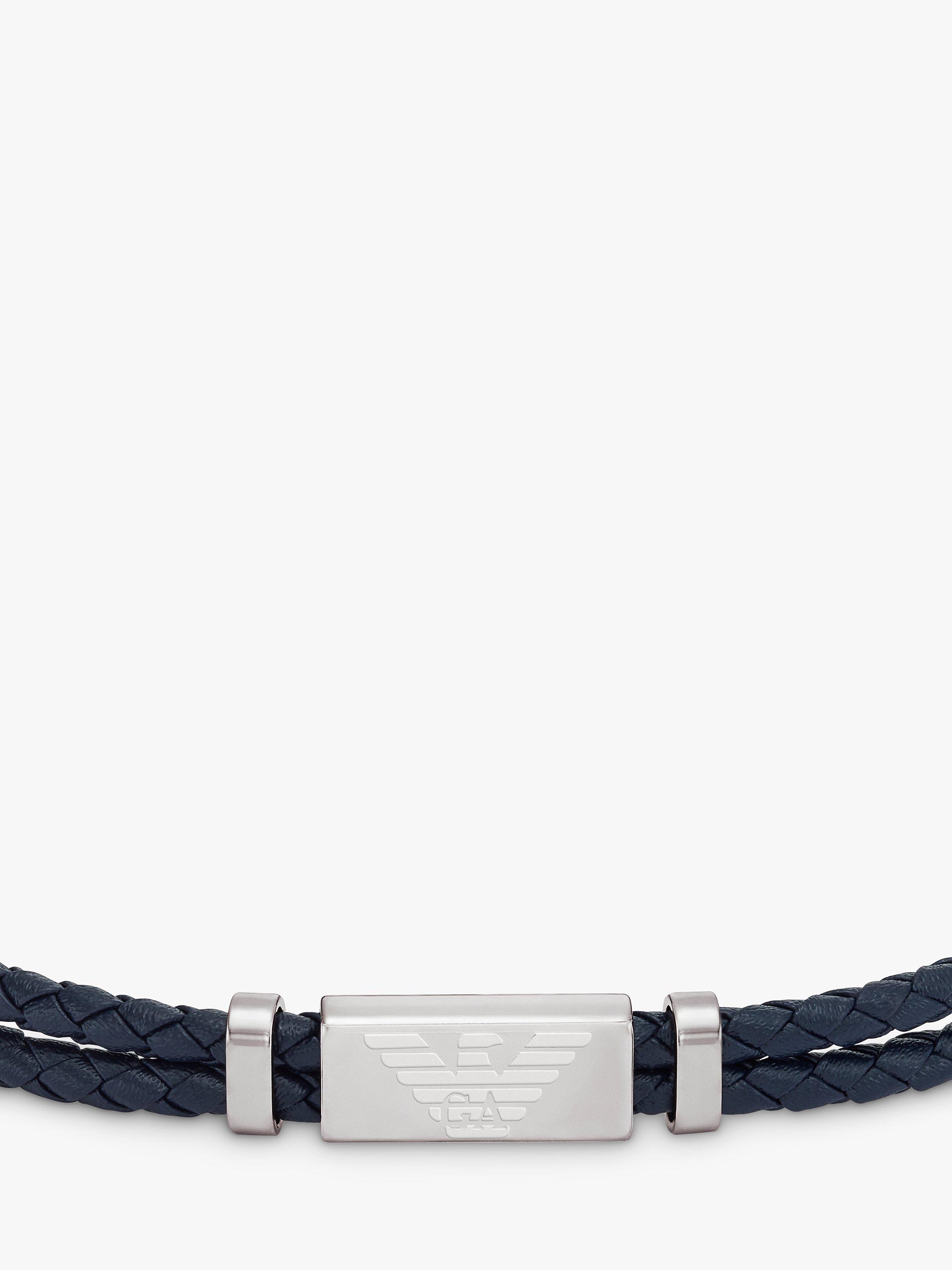Product image 2 of 3, which shows Emporio Armani Men's ID Leather Braided Cord Bracelet, Silver/Blue