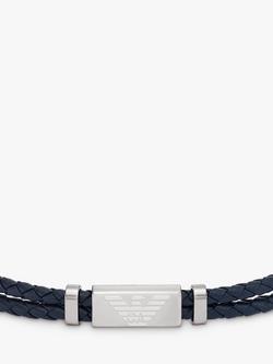 Emporio Armani Men's ID Leather Braided Cord Bracelet, Silver/Blue - view 2, Silver/Blue