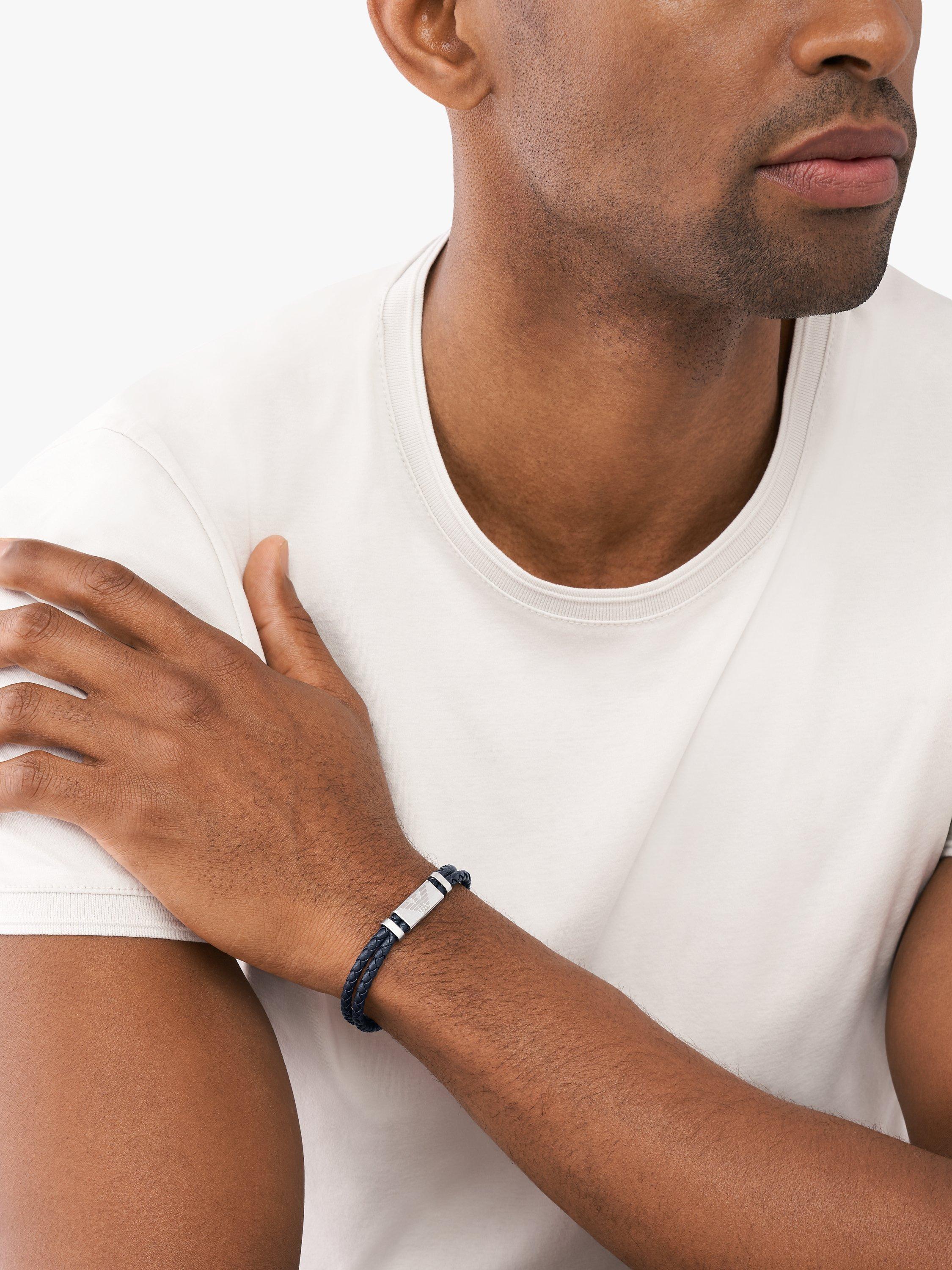 Product image 3 of 3, which shows Emporio Armani Men's ID Leather Braided Cord Bracelet, Silver/Blue