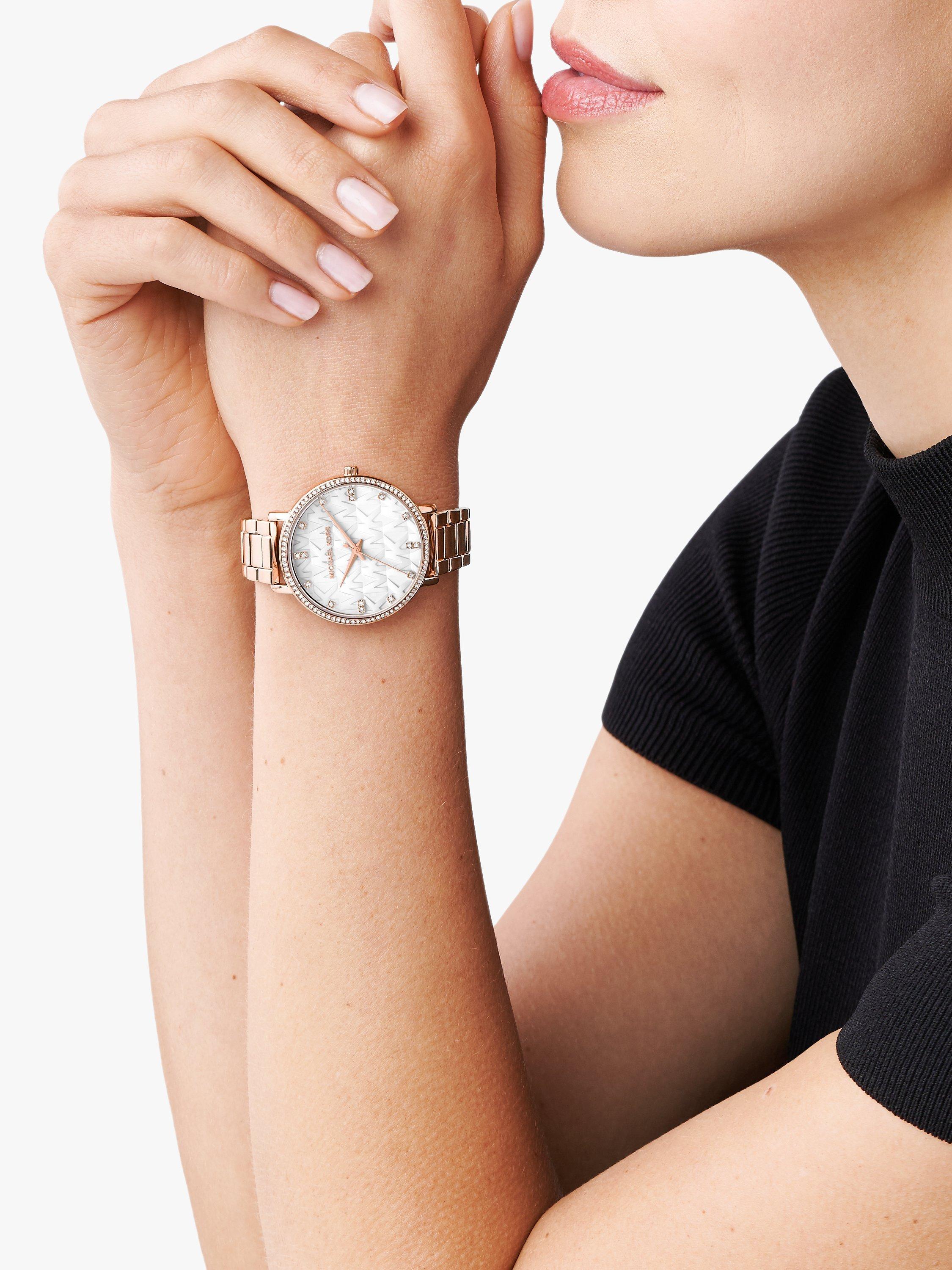 Product image 4 of 5, which shows Michael Kors Women's Pyper Logo Dial Bracelet Strap Watch, Rose Gold MK4594