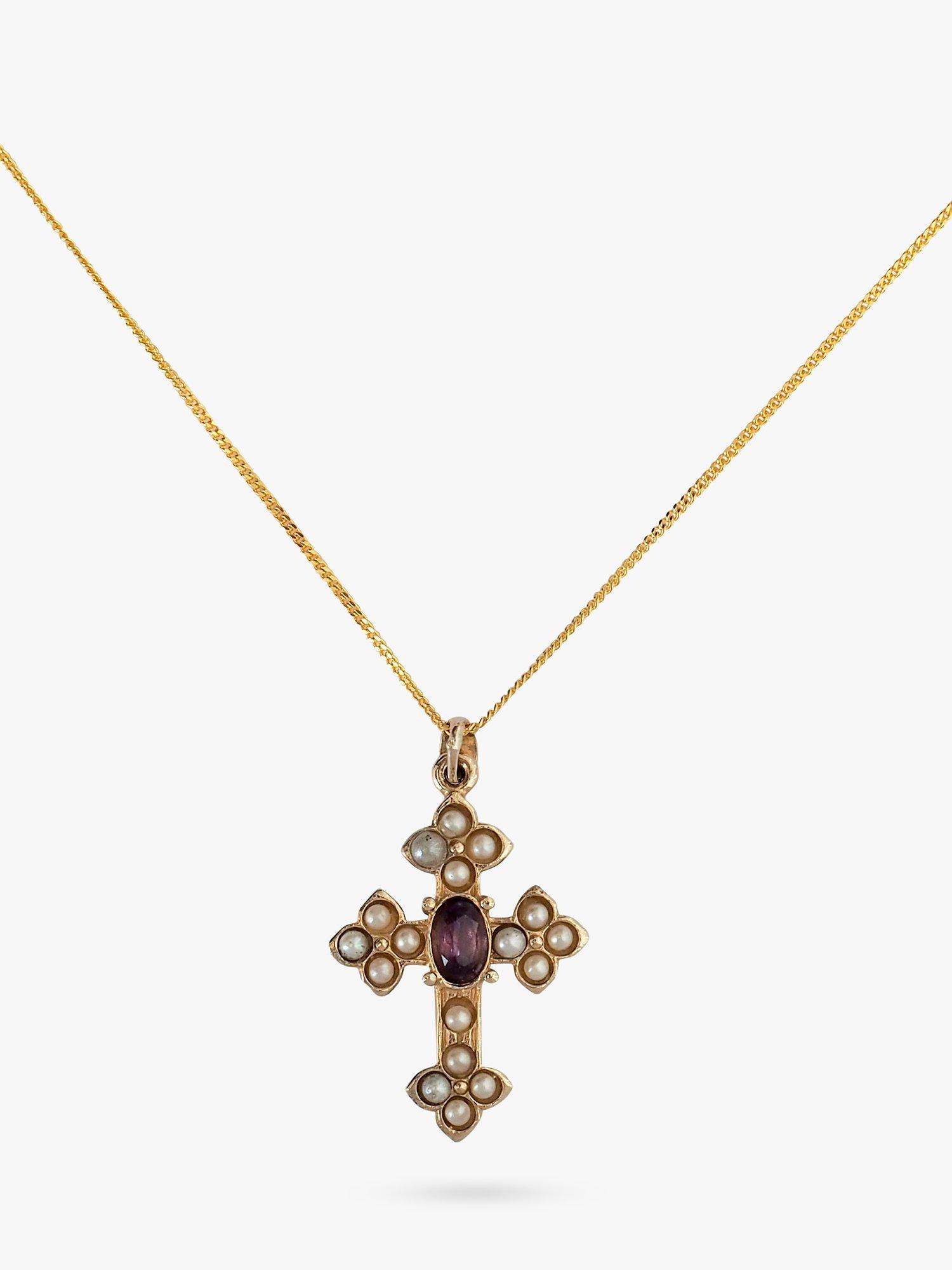 L & T Heirlooms Pre-Loved 9ct Gold Amethyst & Pearl Cross Pendant Necklace