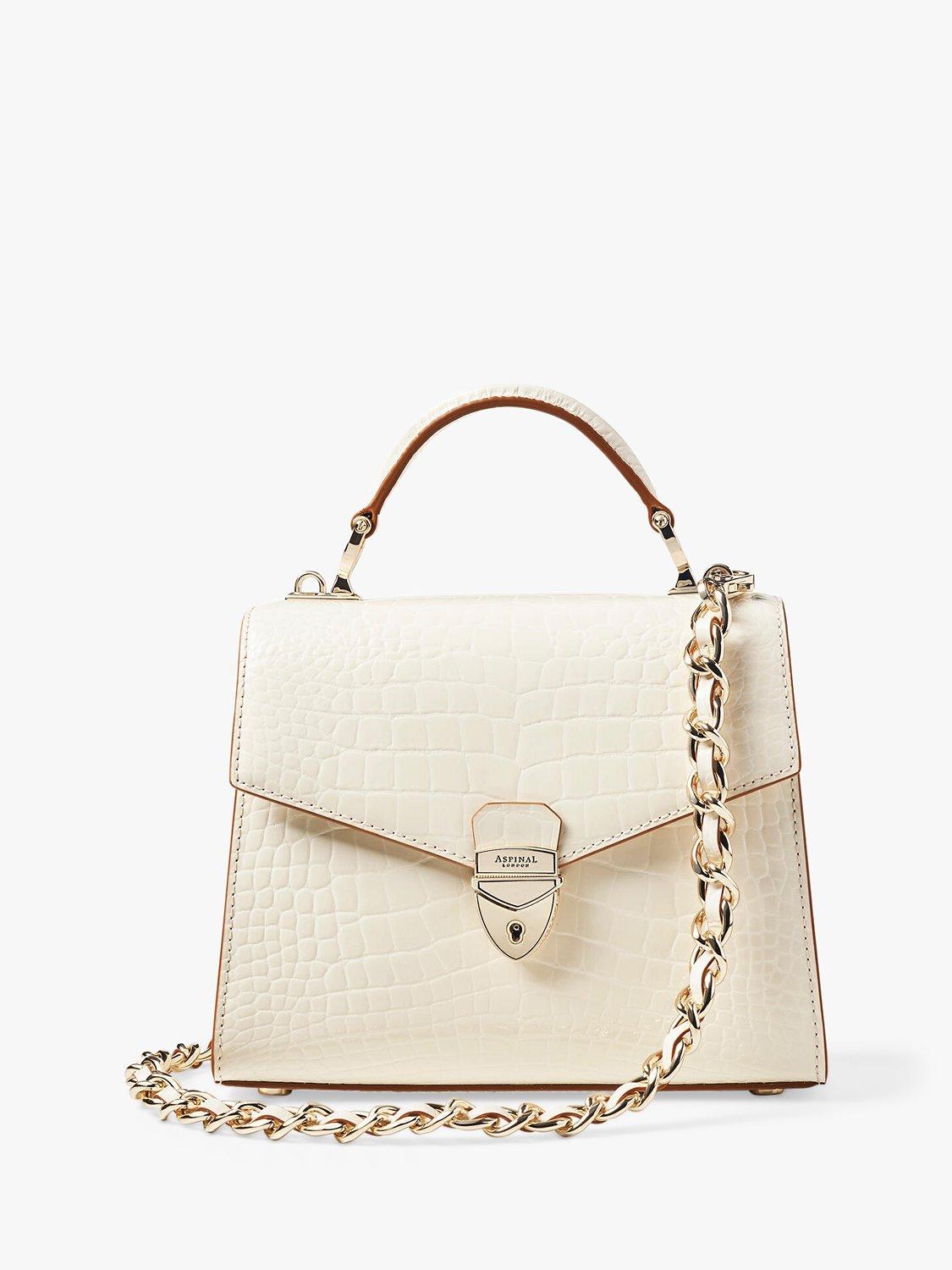 Product image 1 of 6, which shows Aspinal of London Midi Mayfair 2 Croc Leather  Cross Body Bag, Ivory
