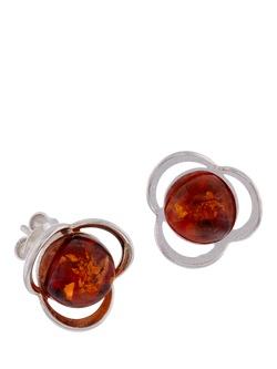 Be-Jewelled Baltic Amber Flower Stud Earrings, Silver/Cognac, Silver/Cognac