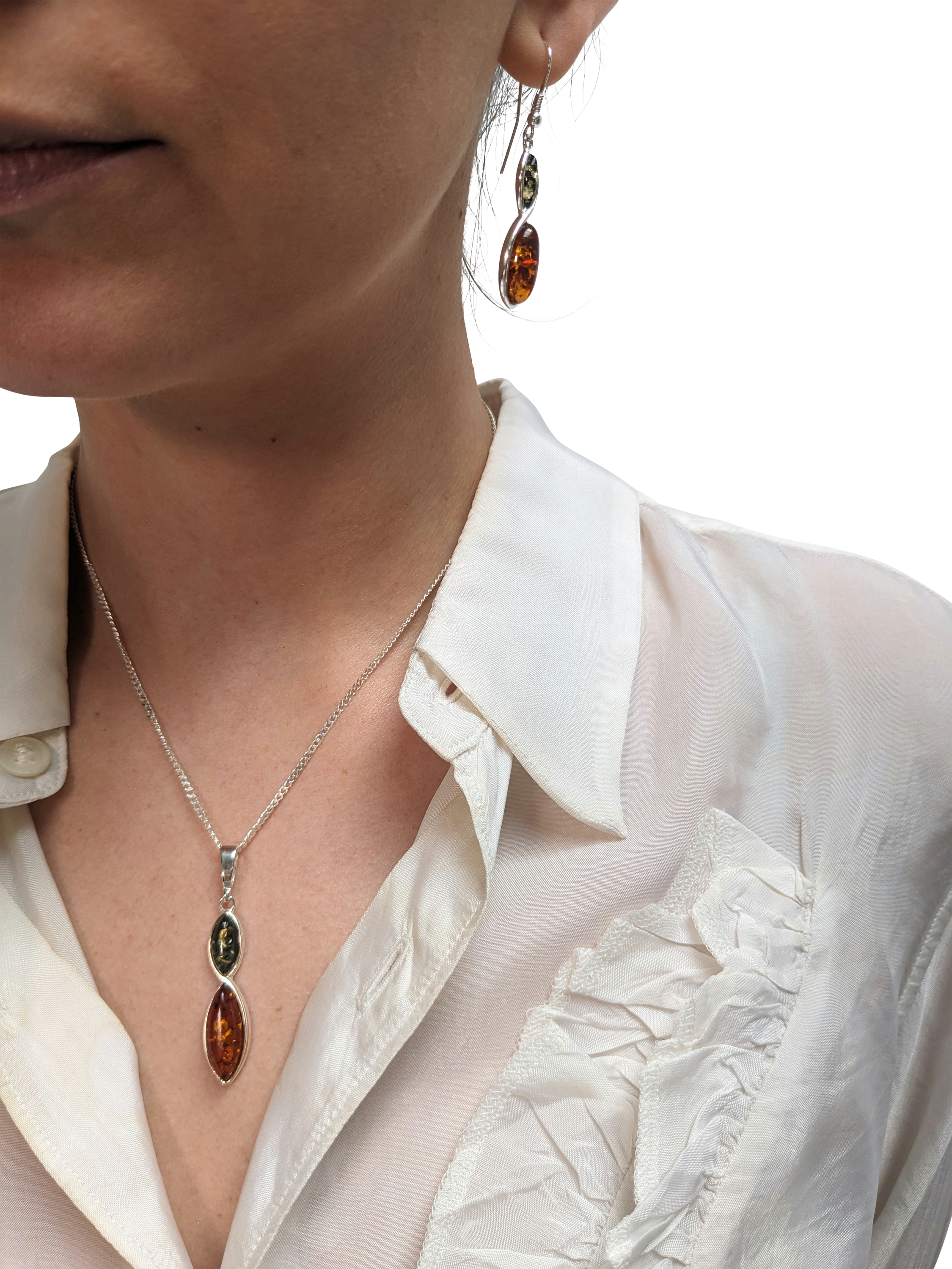 Product image 3 of 4, which shows Be-Jewelled Marquise Cut Amber Drop Earrings, Green/Cognac