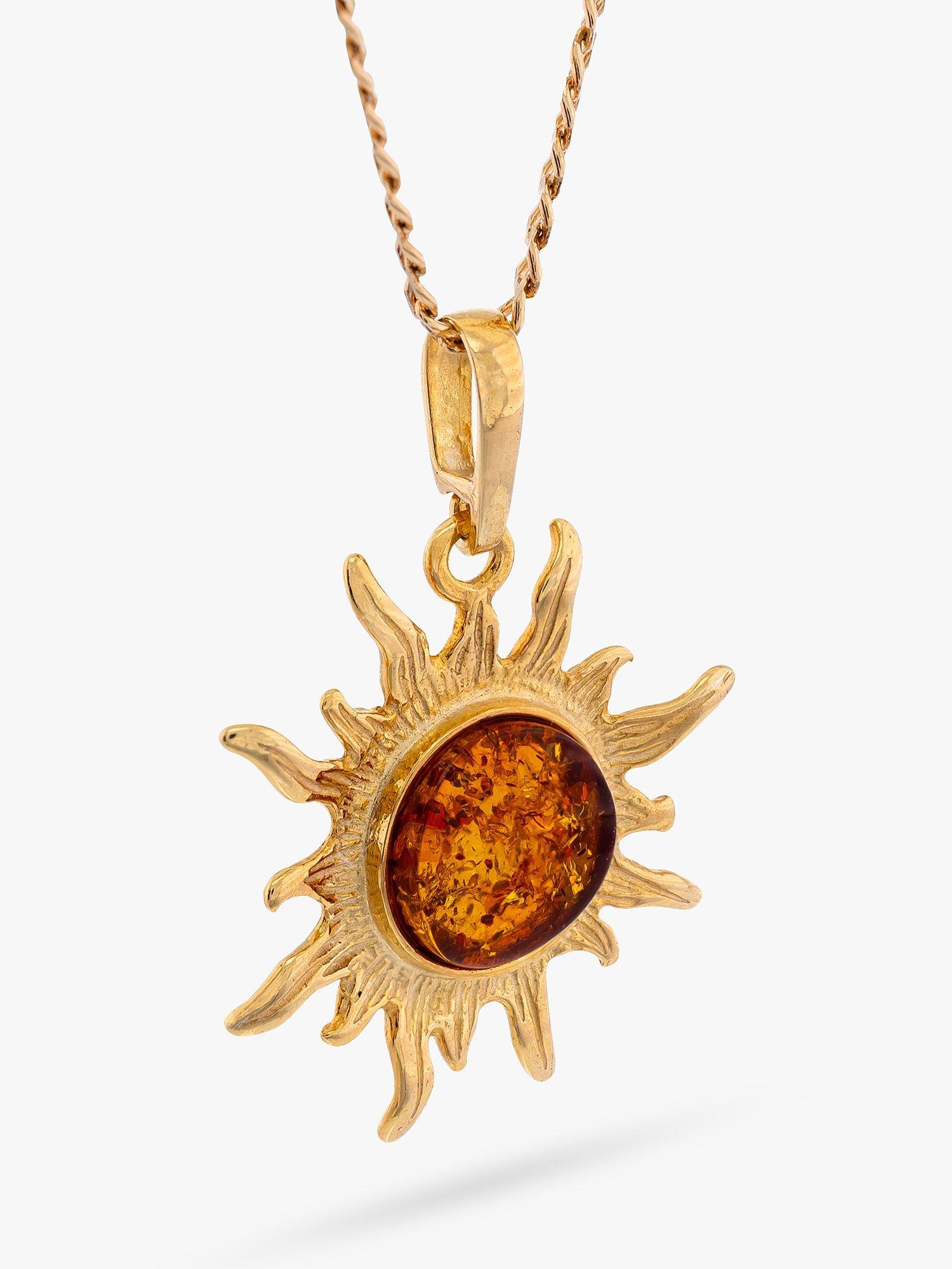 Product image 1 of 4, which shows Be-Jewelled Baltic Amber Sunburst Pendant Necklace, Gold/Cognac