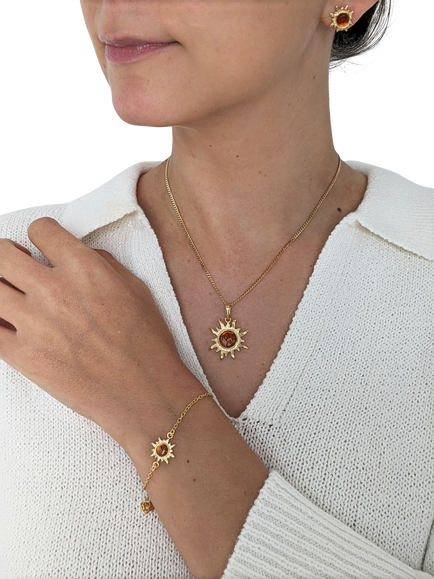 Be-Jewelled Baltic Amber Sunburst Pendant Necklace, Gold/Cognac - view 2, Cognac