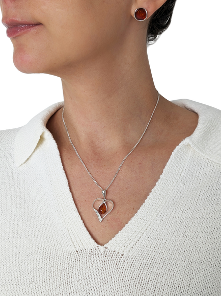 Be-Jewelled Amber Cutout Heart Pendant Necklace, Silver/Cognac - view 2, Cognac