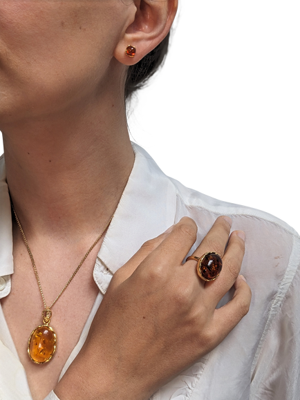 Be-Jewelled Baltic Amber Pendant Necklace, Gold/Cognac - view 2, Cognac