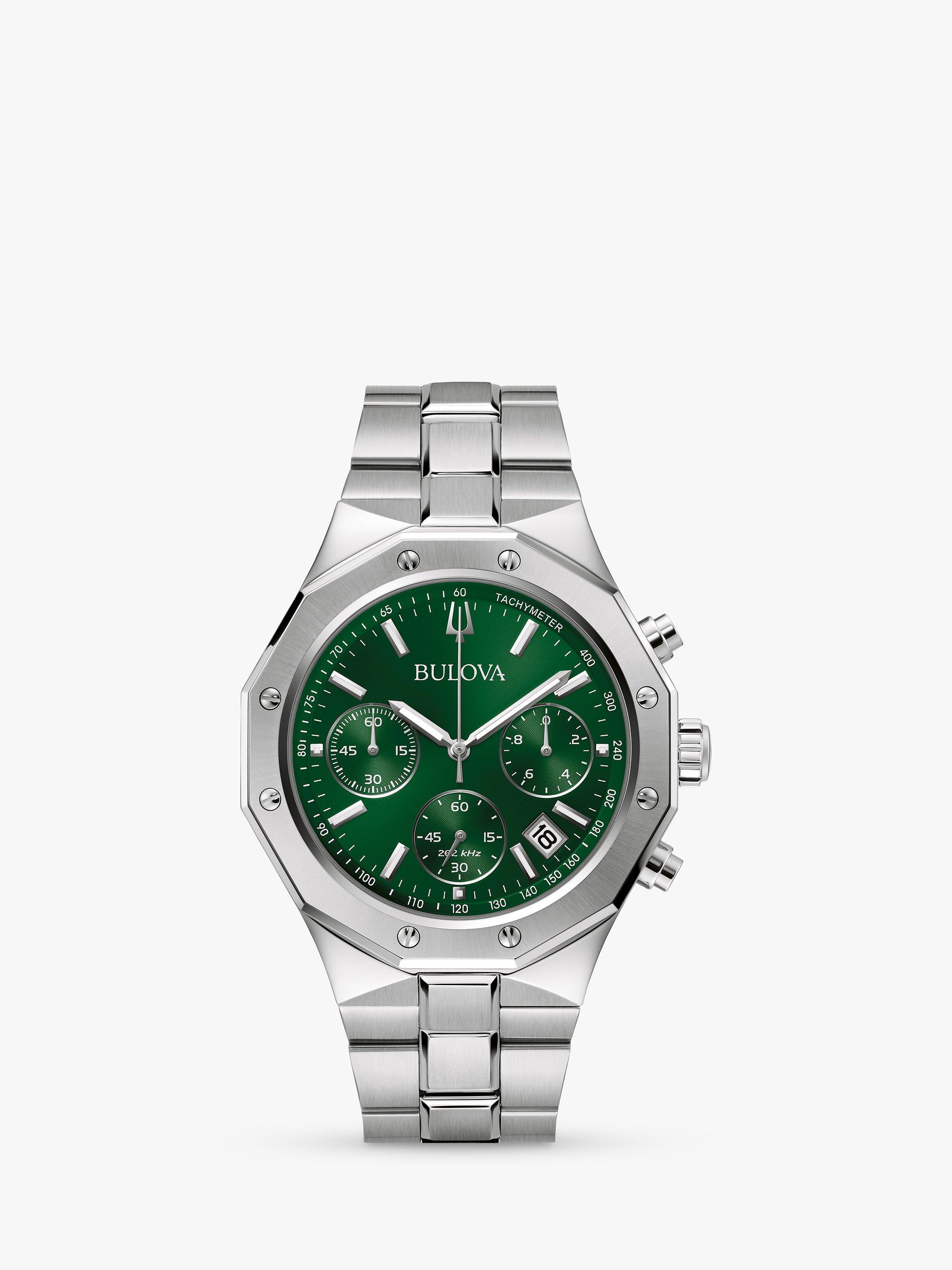 Product image 1 of 4, which shows Bulova 96B409 Men's Date Chronograph Bracelet Strap Watch, Silver/Green