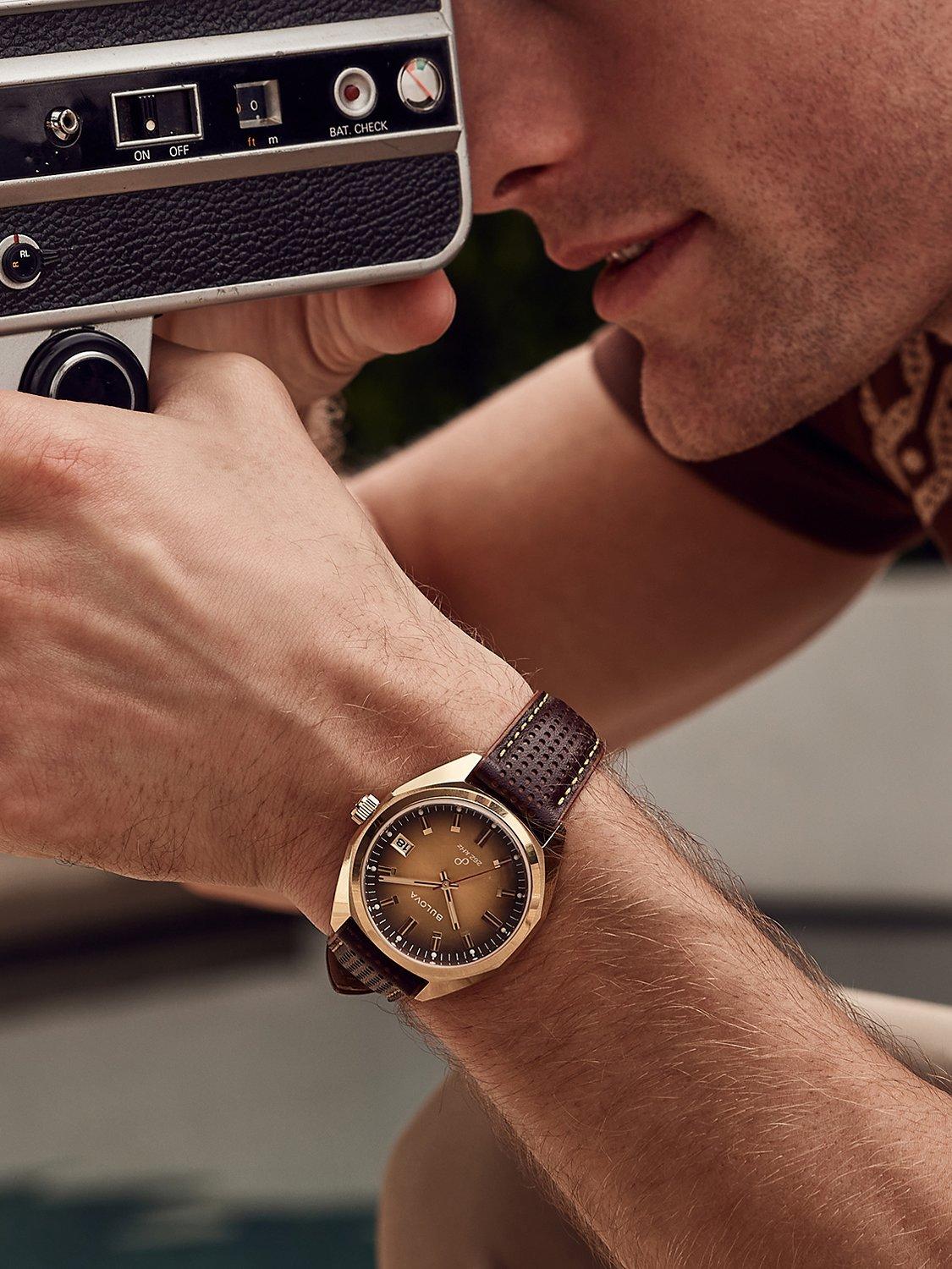 Product image 5 of 6, which shows Bulova 97B214 Men's Classic Jet Star Leather Strap Watch, Brown